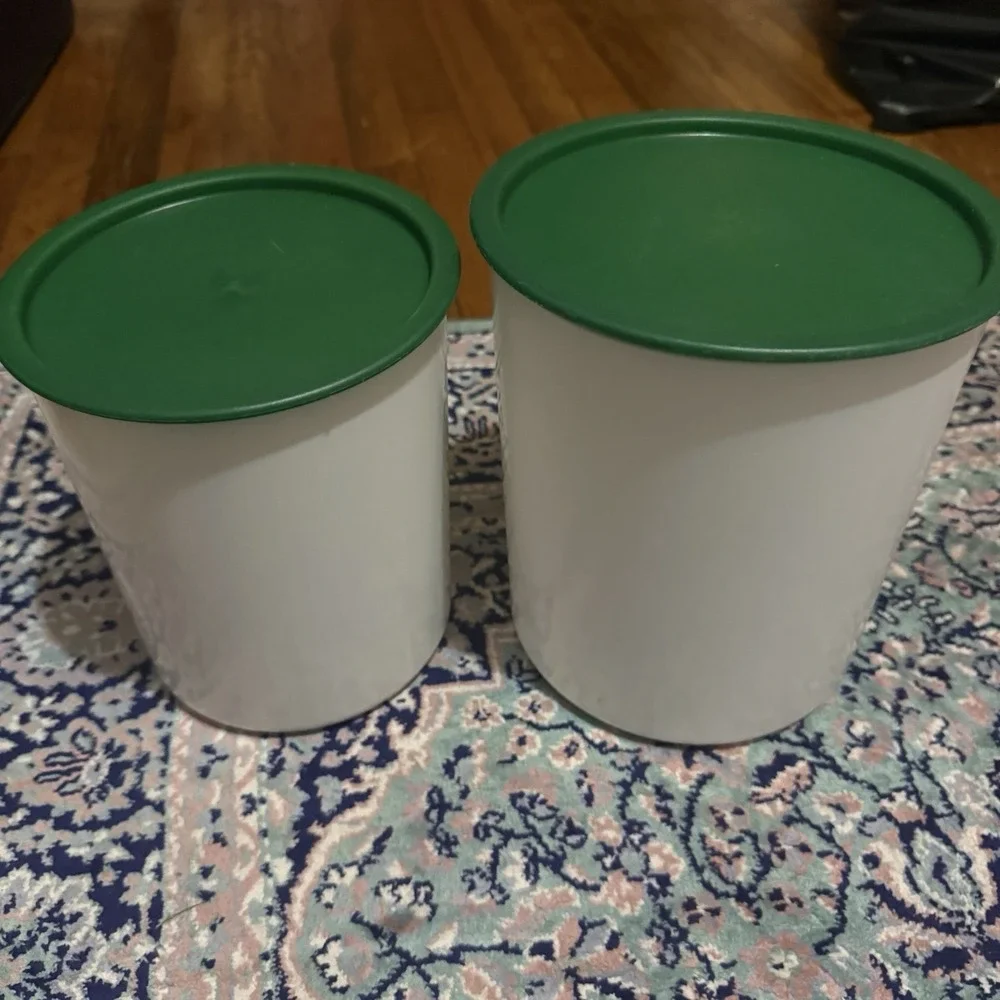 Vintage Tupperware One Touch Canisters #2416B-3 & 2418B-2 White With Green Lids